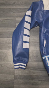 Blue Leather Jacket with White Stripes and Motivational Quotes for Men