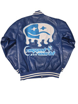 Blue Leather Jacket with White Stripes and Motivational Quotes for Men