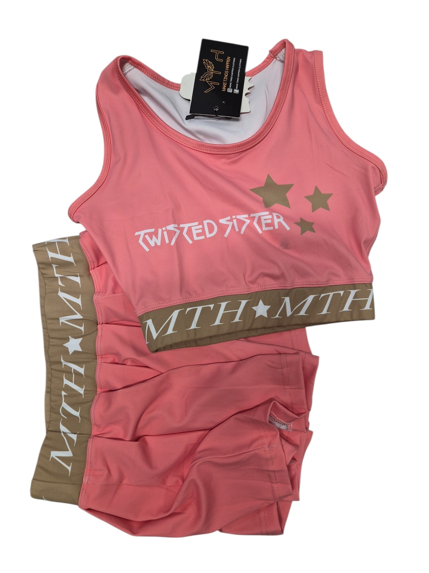 Twisted Sister Pink Tank Top & Pleated Skirt Set with MTH Logo and Star Details for Girls