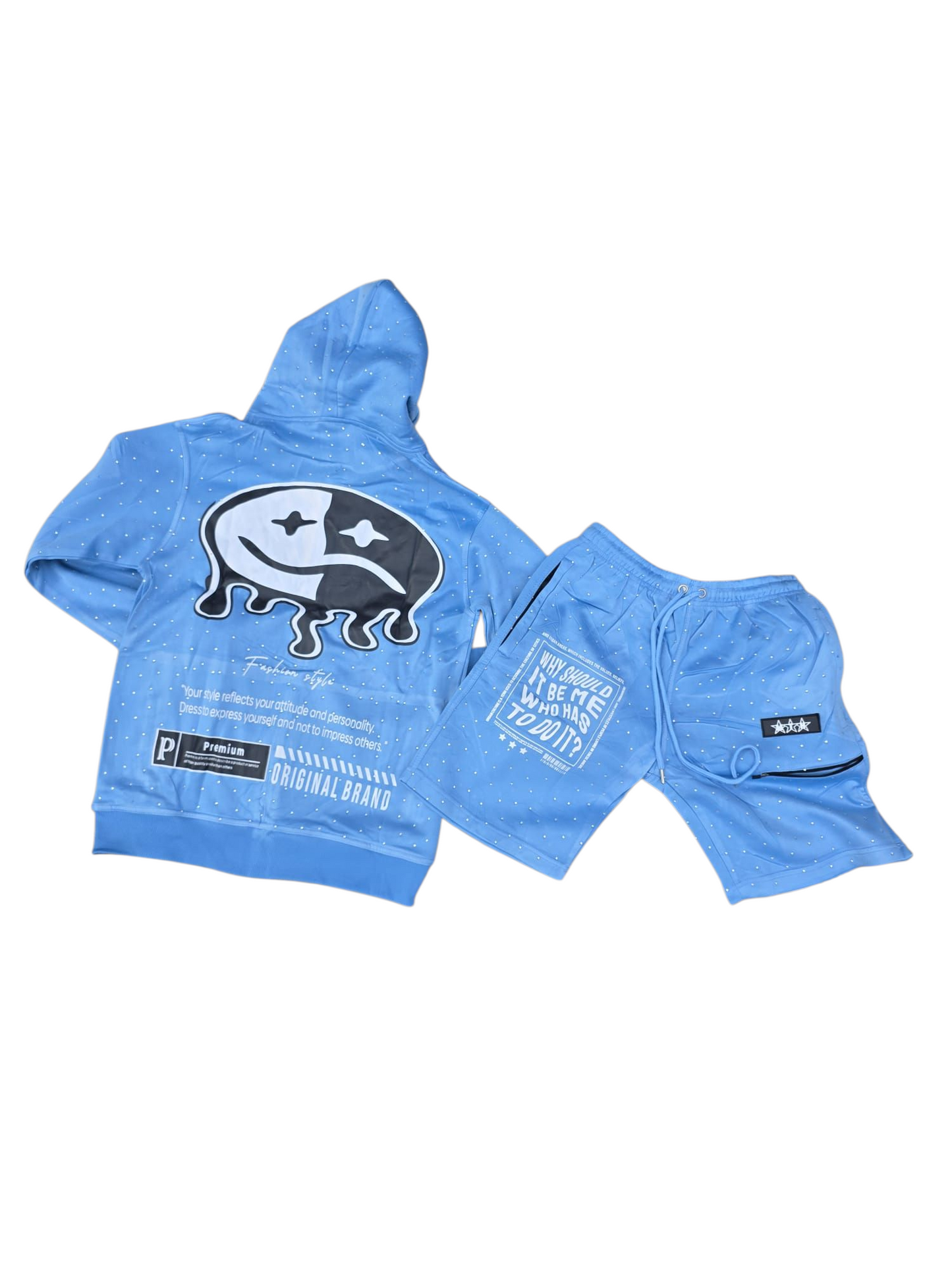 Make Tings Happen slime graphic rhinestone shorts set