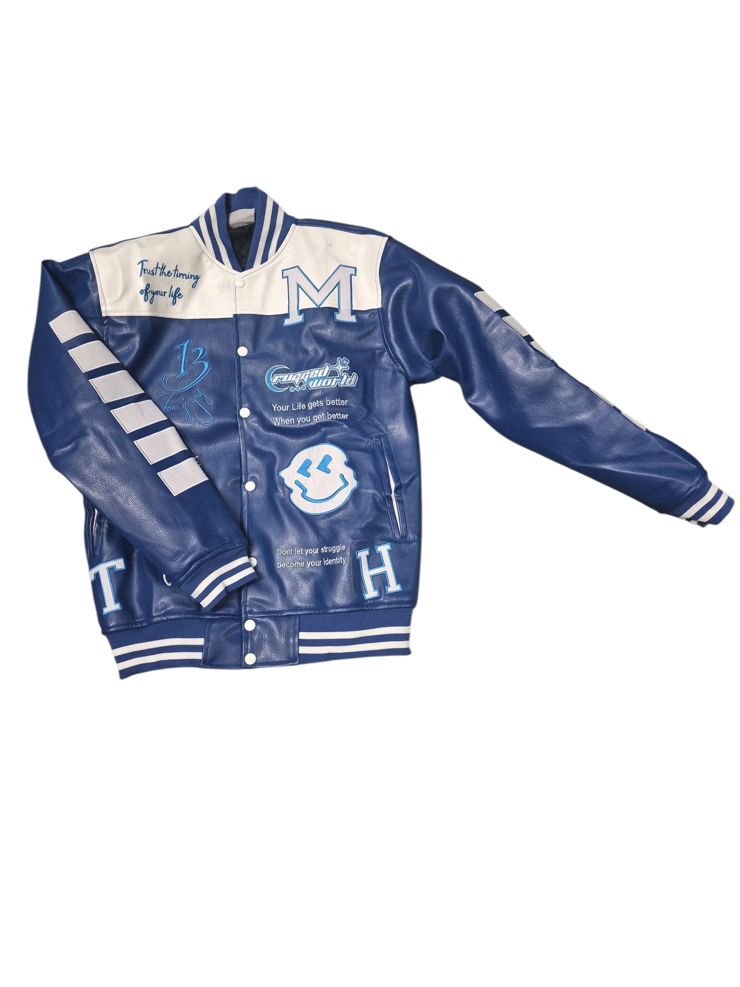 Blue Leather Jacket with White Stripes and Motivational Quotes for Men