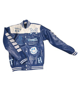 Blue Leather Jacket with White Stripes and Motivational Quotes for Men