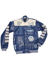 Blue Leather Jacket with White Stripes and Motivational Quotes for Men